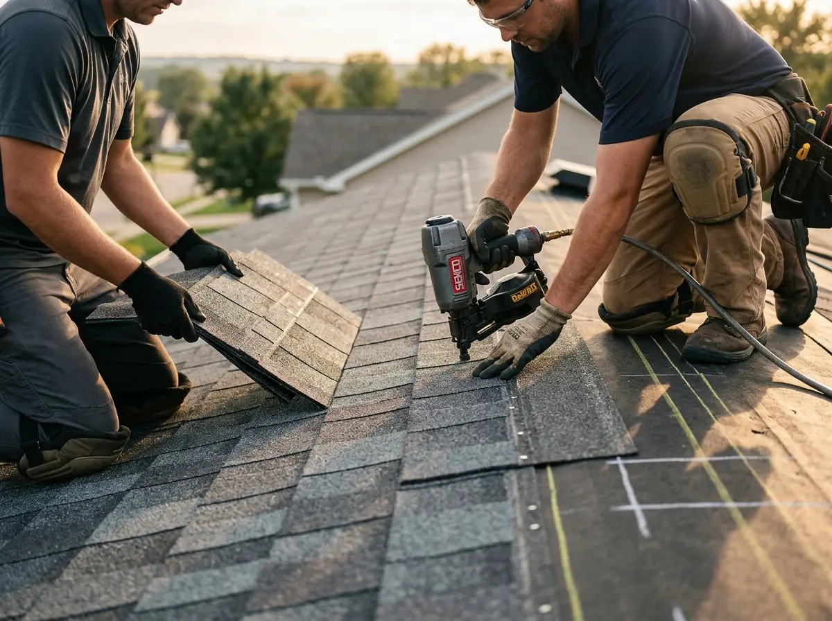 Professional roofer working on a residential roof in San Elizario